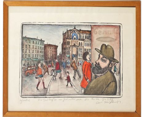 Mühlenhaupt, Kurt (1921 Klein Ziescht- Berlin 2006) "Die Badstraße....", so unterhalb der Darstellung betitelt. Aquarellierte