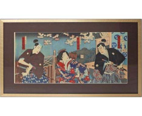 Kunichika, Toyohara (1835 Japan 1900) Triptychon mit Schauspielern als Samurais. Farbholzschnitt (Alters- und Gebrauchsspuren