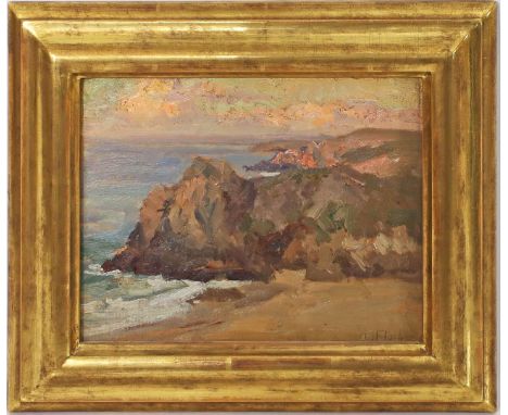 Floch, Lionel (1895 Quimper 1972) Felsenküste (wohl in der Bretagne) in der Dämmerung. Öl/Holztafel, re. u. sign. 21x 26 cm. 