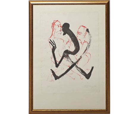 Leiberg, Helge (geb. 1954 in Dresden) Drei Figuren. Farblithographie/Bütten, re. u. mit Bleistift sign., dat. (19)90 und li. 