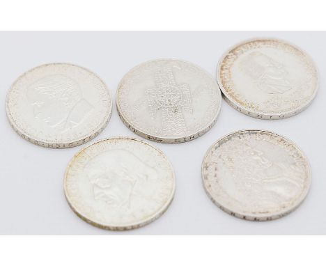Die "Ersten Fünf" deutschen 5 DM Silber-Gedenkmünzen. Germanisches Nationalmuseum 1952 D, Schiller 1955 F, Markgraf von Baden