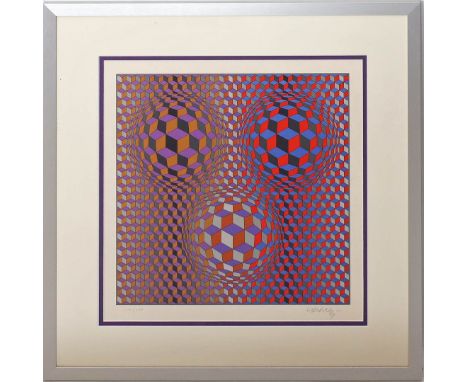 Vasarely, Victor (1906 Pécs - Paris 1997) Komposition in Rot, Blau und Ocker. Farbserigraphie/Karton, re. u. mit Bleistift si
