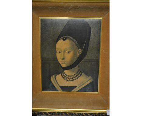 Gilt framed print on canvas. Portrait of a young girl by Petrus Christus 1470. Overall height 45cm x 39cm 