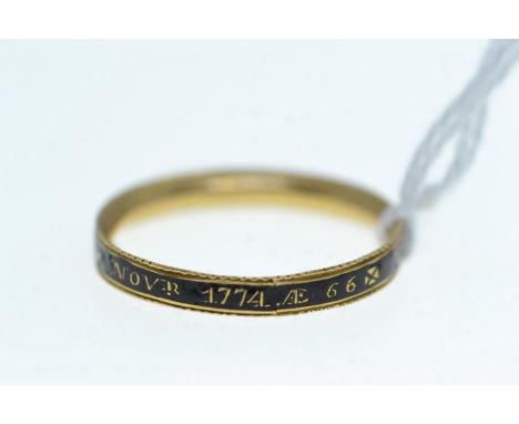 George III enamel memorial band ring, inscribed 'Thos Sargent DI 27 NOVR 1774 Æ 66', size X 