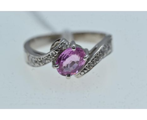 18ct white gold, pink sapphire & diamond ring, size R1/2, 5.66 grams 