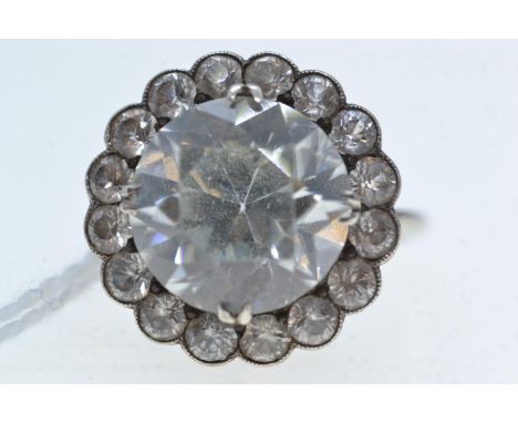 White metal & white stone cluster ring, size Q, 5.72 grams 