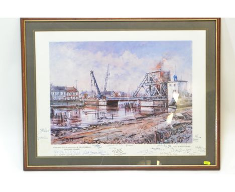 Ltd. Ed. framed print of Pegasus Bridge, Calvados. With multiple signatures. 79cm x 63cm 