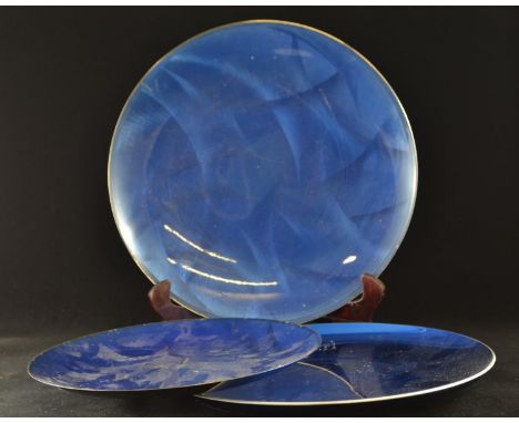 Three Scandinavian blue enamel chargers, including Cathrine Holm and Olden. Diameter of largest 31cm 