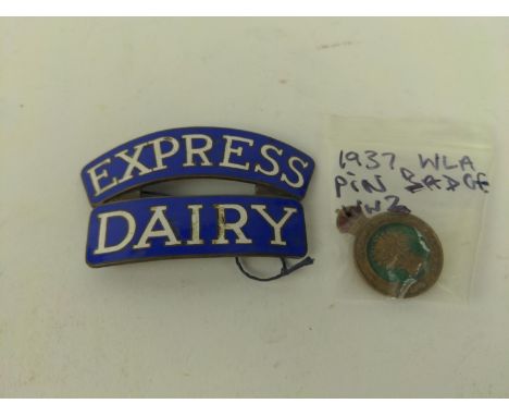 Two WWII enamelled Womens Land Army badges, including Express Dairy cap badge & a pin badgesome loss to enamel on Express Dai