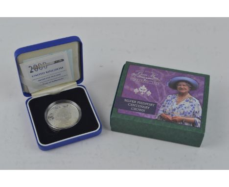 Cased Royal Mint millennium silver £5 & Queen Mother centenary year silver Piedfort crown 