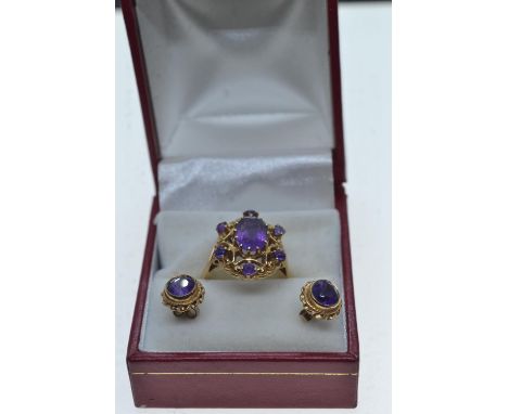 9ct gold & amethyst ring & earrings set, ring size P, gross weight 7.55 grams 