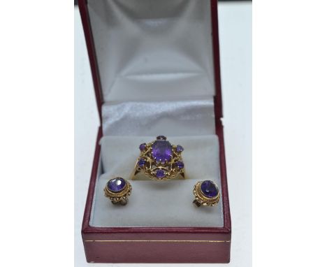 9ct gold & amethyst ring & earrings set, ring size P, gross weight 7.55 grams 