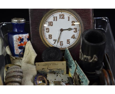 Quantity of collectables & curiosities, including HM silver rimmed miniature vase, various badges, fob medals etc. 