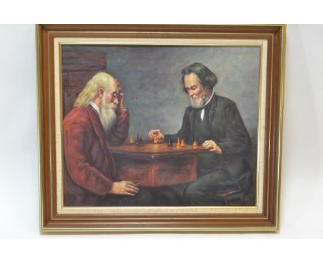 Oil on canvas of chess game, signed P. Brand, 74cm x 64cm inclusive of frame 