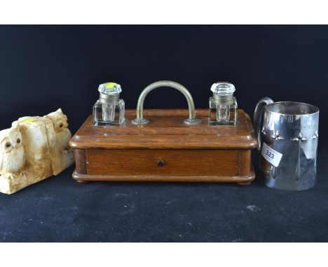 Pair of owl bookends, Silver plate Art Nouveau style tankard engraved 'Charley's Special Prize' plus ink well and stand 