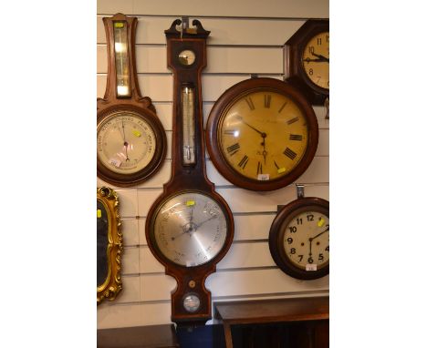 Large Early C20 Mahogany inlaid barometer thermometer with mercury H112cm W32cm. 
