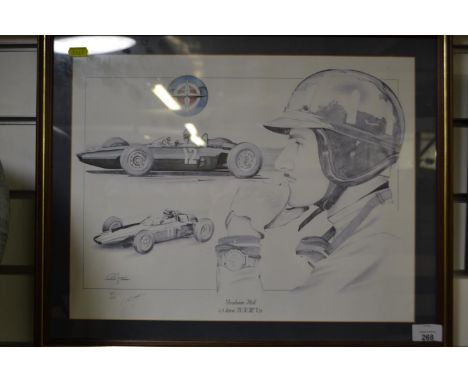 Signed ltd. ed. print of Graham Hill and his 1.5 litre B.R.3V8. 43cm high 