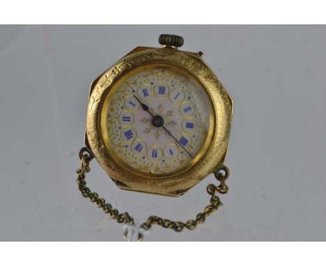 14ct gold & enamel cased nurse's watch, case 30mm wideface with two small chips to enamel edge & faint hairline 