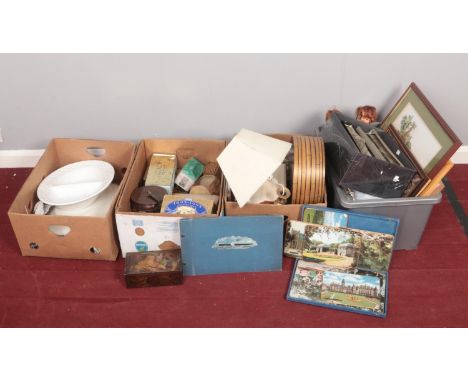 Four boxes of miscellaneous. To include a selection of ceramic meat platters, vintage tins and dolls etc.  