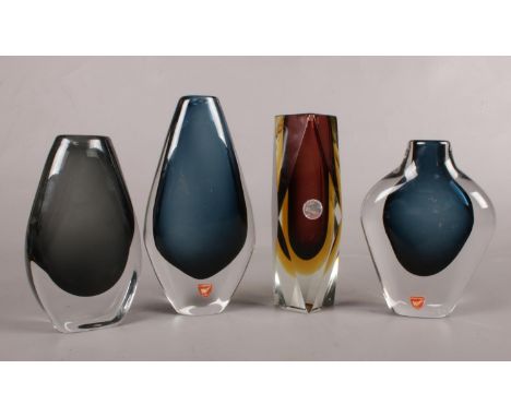 Four pieces of art glass. To include two Swedish Orrefors vases a Murano glass vase and one unnamed example. Tallest: 18cm.  