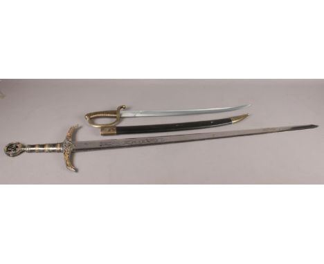 A replica Robin of Locksley Earl of Huntington sword, together with a cavalier sword and scabbard. Largest: Blade: 99cm.  Con