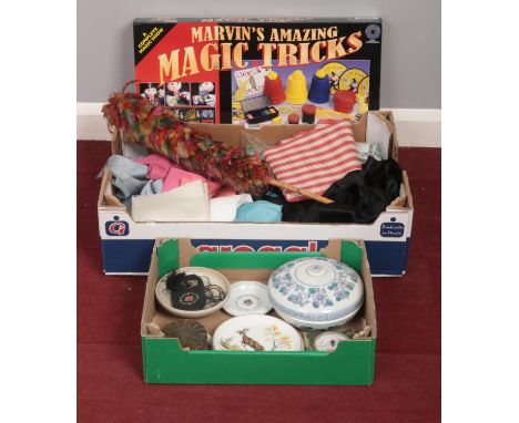 A box of Miscellaneous. To Include a collection of Ceramics, a series of Linen and Magic Trick Game.  