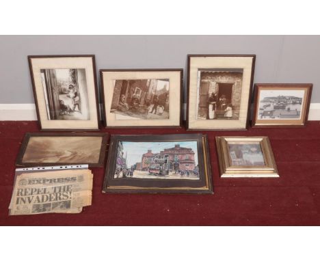 A group of seven framed photographs and pictures.  To include photographs of Whitby and village life, a signed Peter David Br