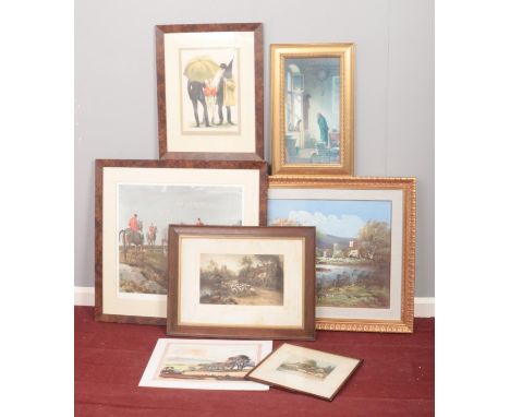 A collection of pictures and prints. Includes large oil painting, JH Shaw watercolour etc.  