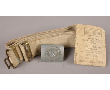 A WW2 German Youth belt buckle &amp; belt, together with a WW2 Army vehicle maintenance booklet. The buckle is stamped with R