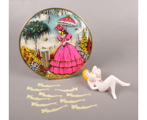 A collection of retro items. Includes erotic cruet set, cocktail sticks and a thermometer.  