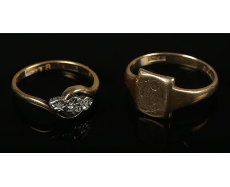 A 9ct gold signet ring along with a gold &amp; diamond ring. Hallmarks worn. 6.73g gross weight.  