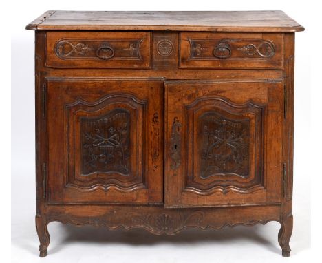 A 19th century French walnut buffet, with two drawers above two cupboard doors, on cabriole legs, 108 x 122 cm

 