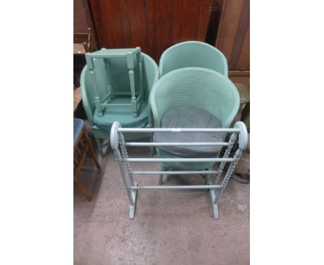 Three wicker chairs, stool and a painted towel rail
