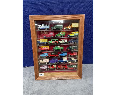 Wooden Display Case With Box Including 25 Various Diecast Vehicles Advertising Decals Fresh Milk, Castrol, Teacher's, Currys,