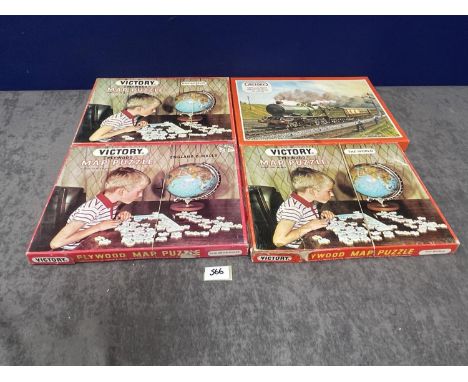 4 x Victory Vintage Boxed Plywood Puzzles Comprising Of British Isles Map. England Wales Map. The World Map And The Famous St
