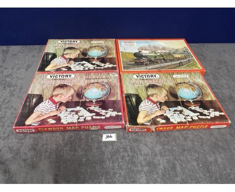 4 x Victory Vintage Boxed Plywood Puzzles Comprising Of British Isles Map. England Wales Map. The World Map And The Famous St