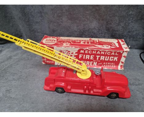 Louis Marx Mechanical Fire Truck With Siren And Aerial Ladders Circa 1949 Vintage Plastic Model Car  In  Original Box Missing