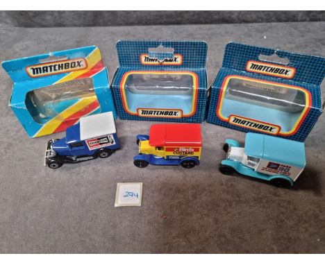 3 x Matchbox Diecast Vehicles Comprising Of #MB38 Ford Model A #MB44 1921 Ford Model T Birds Custard And #MB44 Ford Model T 1