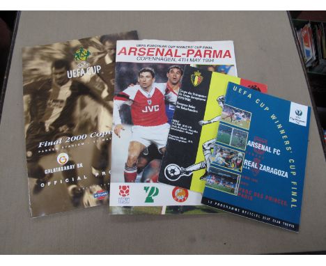 Arsenal European Final Programmes, 1980 v. Valencia, 94 v. Parma, 95 v. Zaragoza, 2000 v. Galatasaray. (4)
