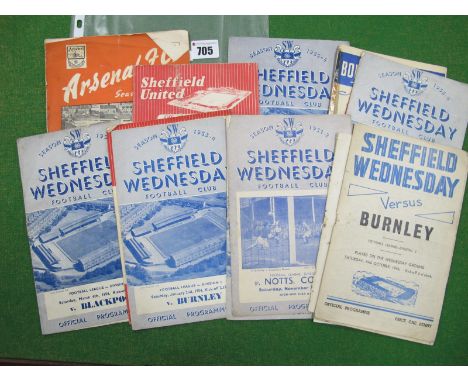 Sheffield Wednesday Programmes, 1946-7 v. Burnley, 47-48 v. Birmingham, 49-50 at Arsenal, 51-2 v. Notts County, at Coventry (