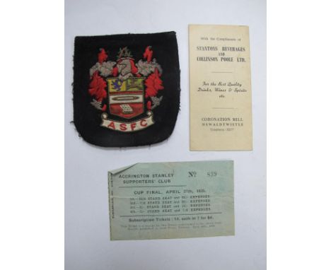 Accrington Stanley, Subscription Ticket Receipt for the 1935 F.A. Cup Final,  1964-5 fixture list card. Together with blazer 