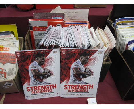 St Helens Rugby League Programmes 1969 and Later, many homes, ticket for 1971 play off semi v. Leeds, etc:- One Box.