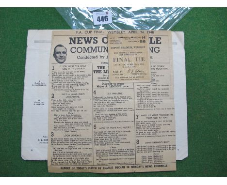1948 F.A Cup Final Blackpool v. Manchester United Programme, (grubby), ticket and song sheet, attached together by pin.