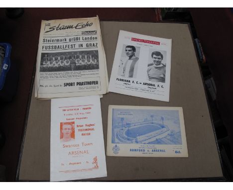 Arsenal Away Programmes, 65-6 at Swansea - Hughes Benefit, 66-7 at Romford, 68-9 at Floriana friendlies, 69 at Sturm Graz - E