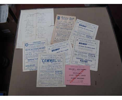 Cricket Score Cards: Yorkshire 1949 v. New Zealand at Bradford v. Middlesex at Bramall Lane, England v. New Zealand at Headin