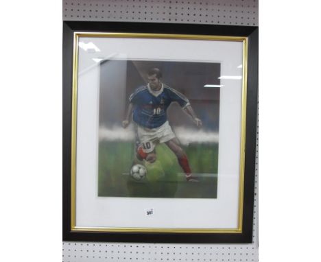 Stephen Doig: Zinedine Zidane, in match action wearing France home strip, pastel artwork, 41 x 36cm, signed lower left.