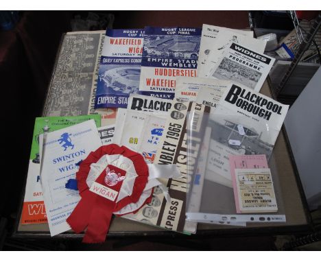 Rugby League Cup Final Tickets, 1964, 1965 and Hunslet Daily Express hat, rosette. Great Britain v. Australia 1956, 59 x 2, 6