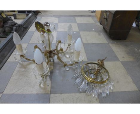 A brass and crystal hanging ceiling light and one other 
