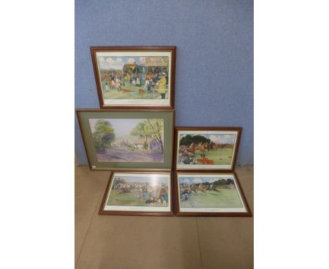 A set of four humorous hunting scene prints by Cecil Aldin and a village landscape, watercolour 