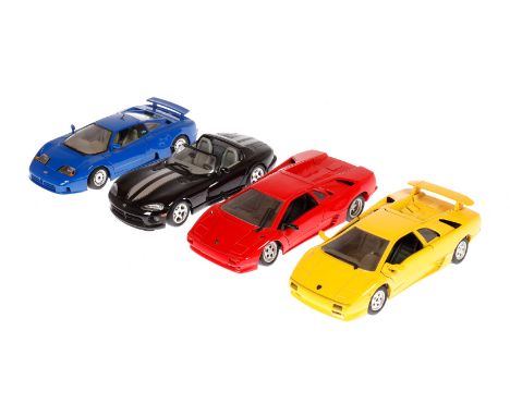 4 versch. Automodelle, Maisto und Bburago, Maßstab 1: 24, Bugatti, Lamborghini und Viper, leichte Alterungs- und Gebrauchsspu